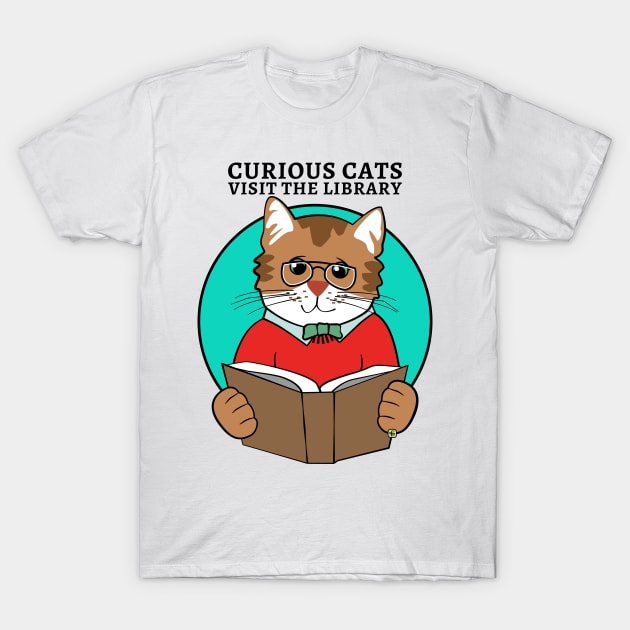 Curious Cats Visit the Library T-Shirt by Sue Cervenka